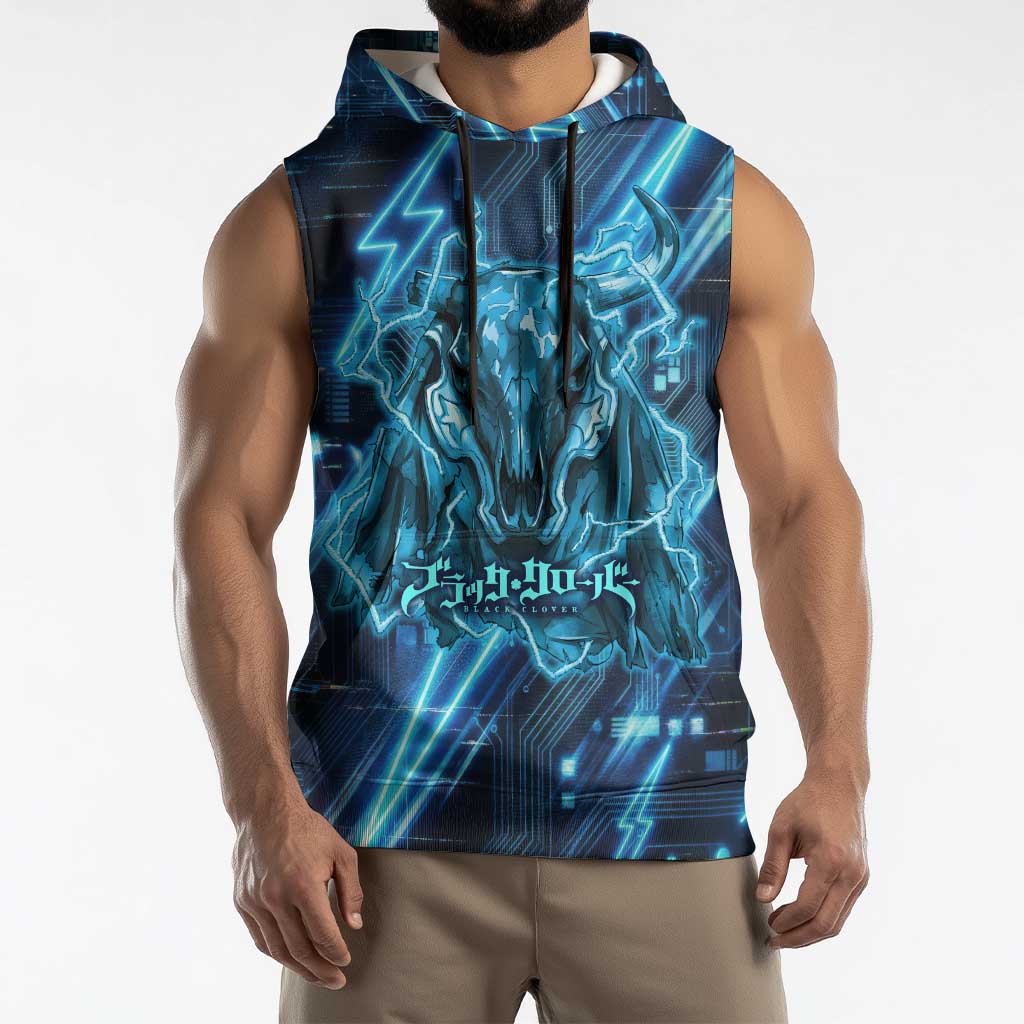 Luck Voltia Black Clover Sleeveless Hoodie Tech Lightning Anime Style with Electric Circuit Background
