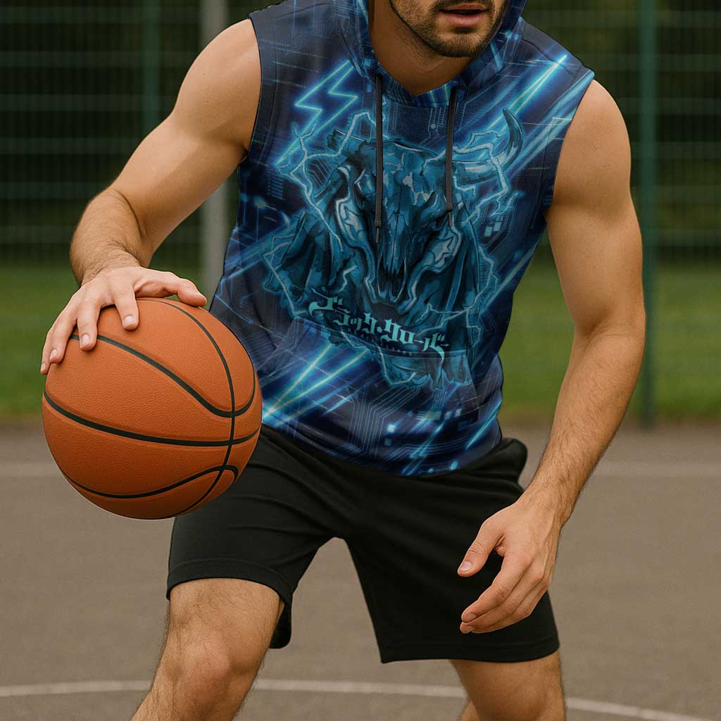 Luck Voltia Black Clover Sleeveless Hoodie Tech Lightning Anime Style with Electric Circuit Background