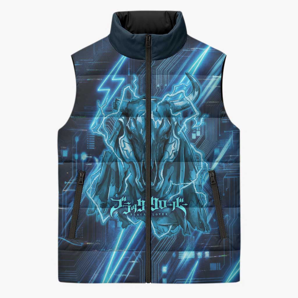 Luck Voltia Black Clover Sleeveless Puffer Jacket Tech Lightning Anime Style with Electric Circuit Background