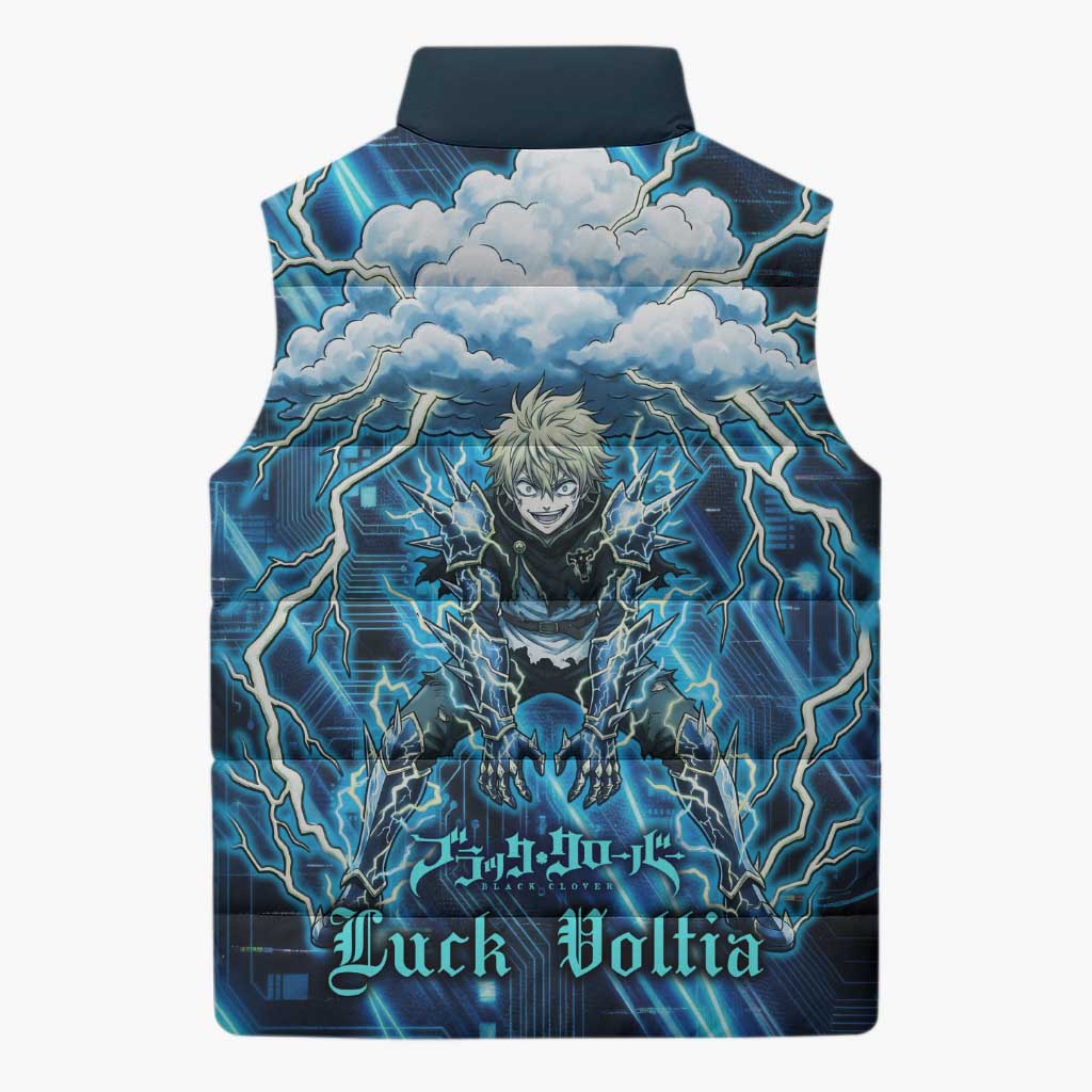 Luck Voltia Black Clover Sleeveless Puffer Jacket Tech Lightning Anime Style with Electric Circuit Background