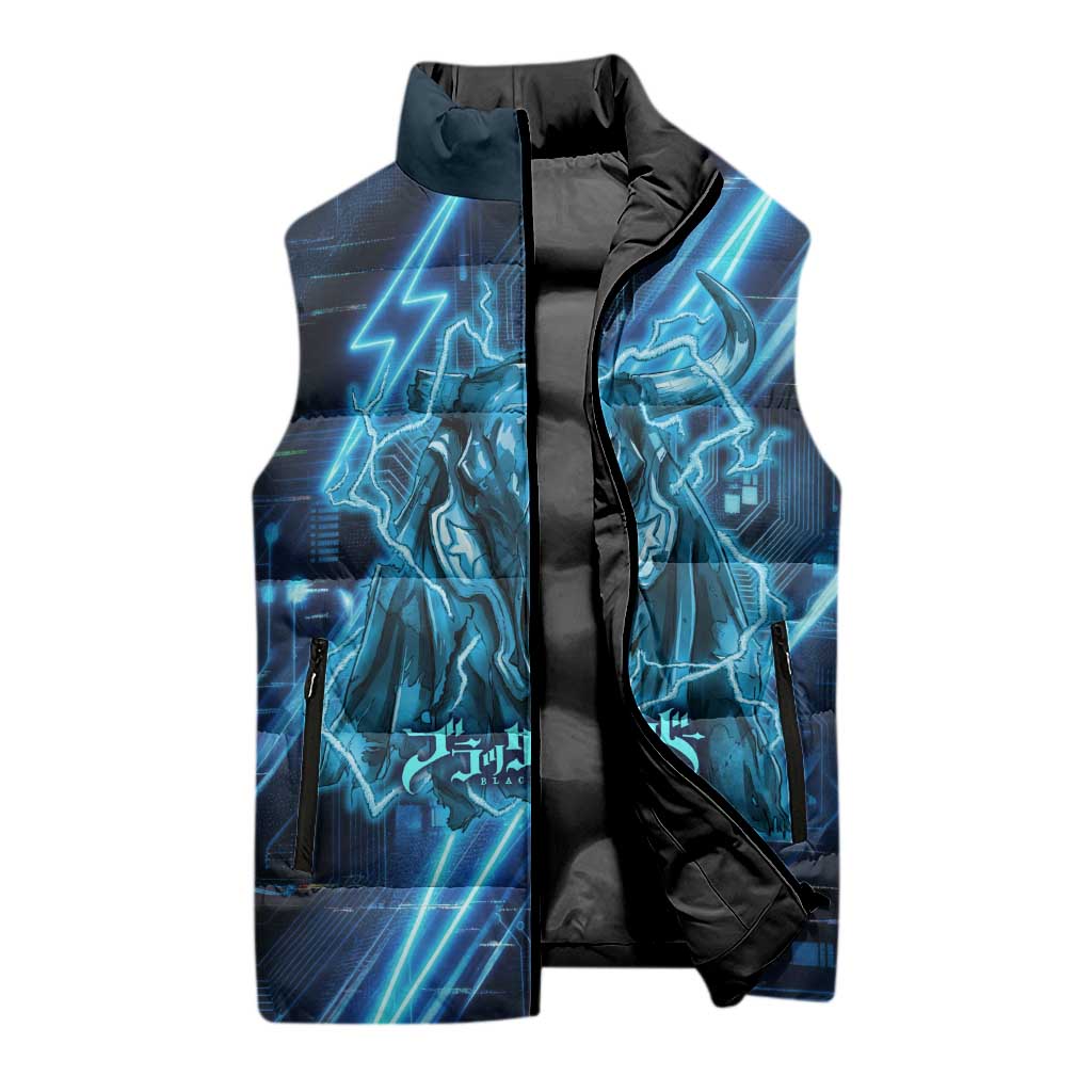 Luck Voltia Black Clover Sleeveless Puffer Jacket Tech Lightning Anime Style with Electric Circuit Background