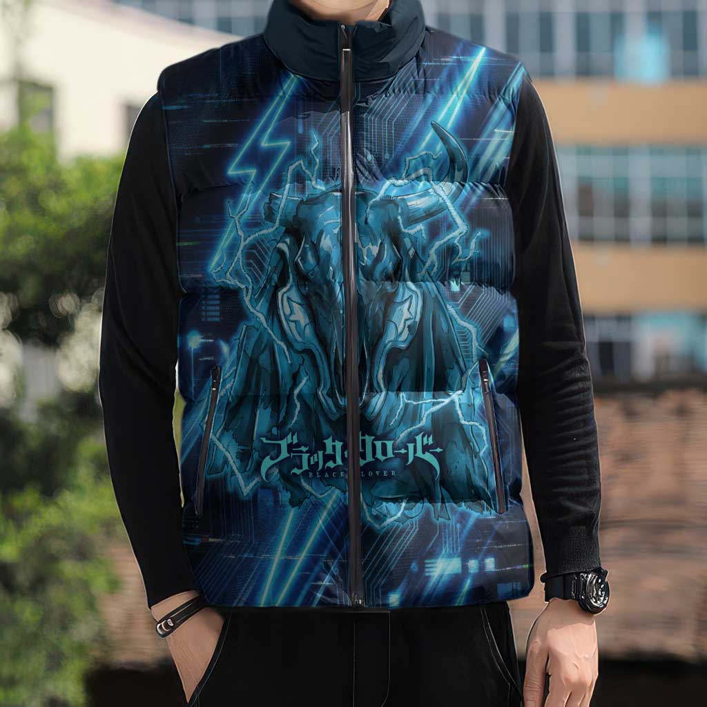 Luck Voltia Black Clover Sleeveless Puffer Jacket Tech Lightning Anime Style with Electric Circuit Background
