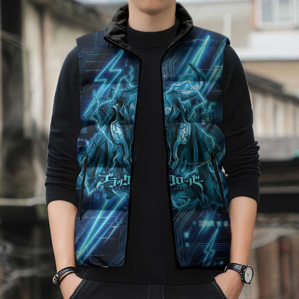 Luck Voltia Black Clover Sleeveless Puffer Jacket Tech Lightning Anime Style with Electric Circuit Background