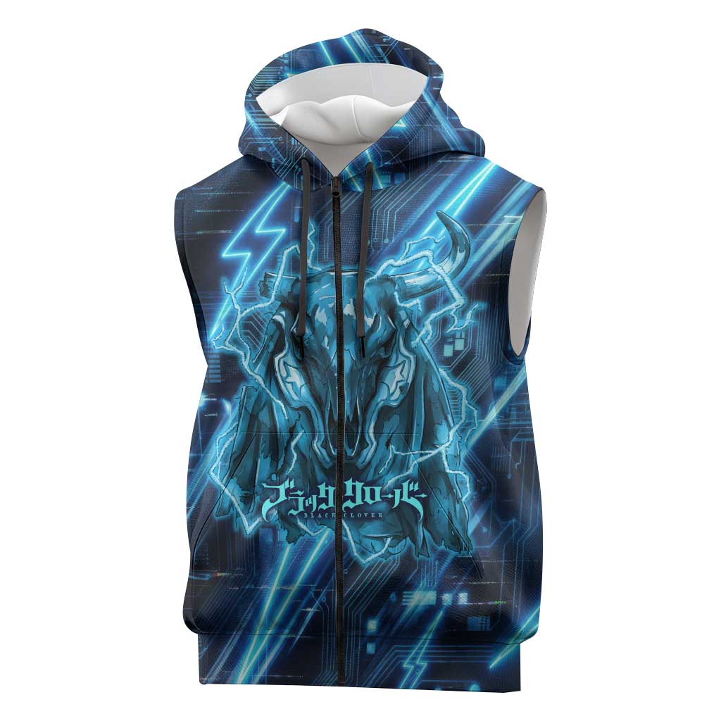 Luck Voltia Black Clover Sleeveless Zip Hoodie Tech Lightning Anime Style with Electric Circuit Background