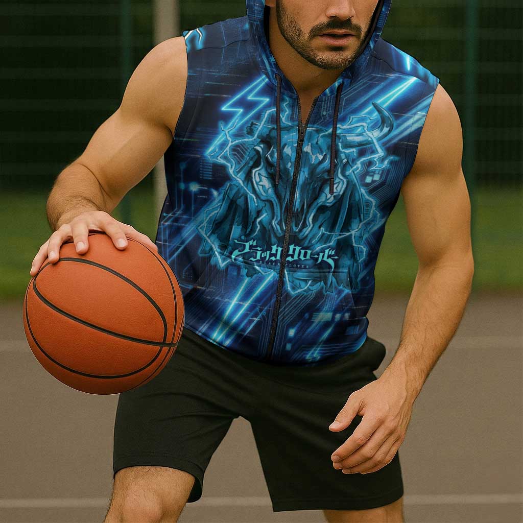 Luck Voltia Black Clover Sleeveless Zip Hoodie Tech Lightning Anime Style with Electric Circuit Background