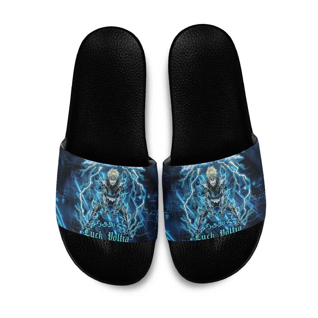 Luck Voltia Black Clover Slide Sandals Tech Lightning Anime Style with Electric Circuit Background