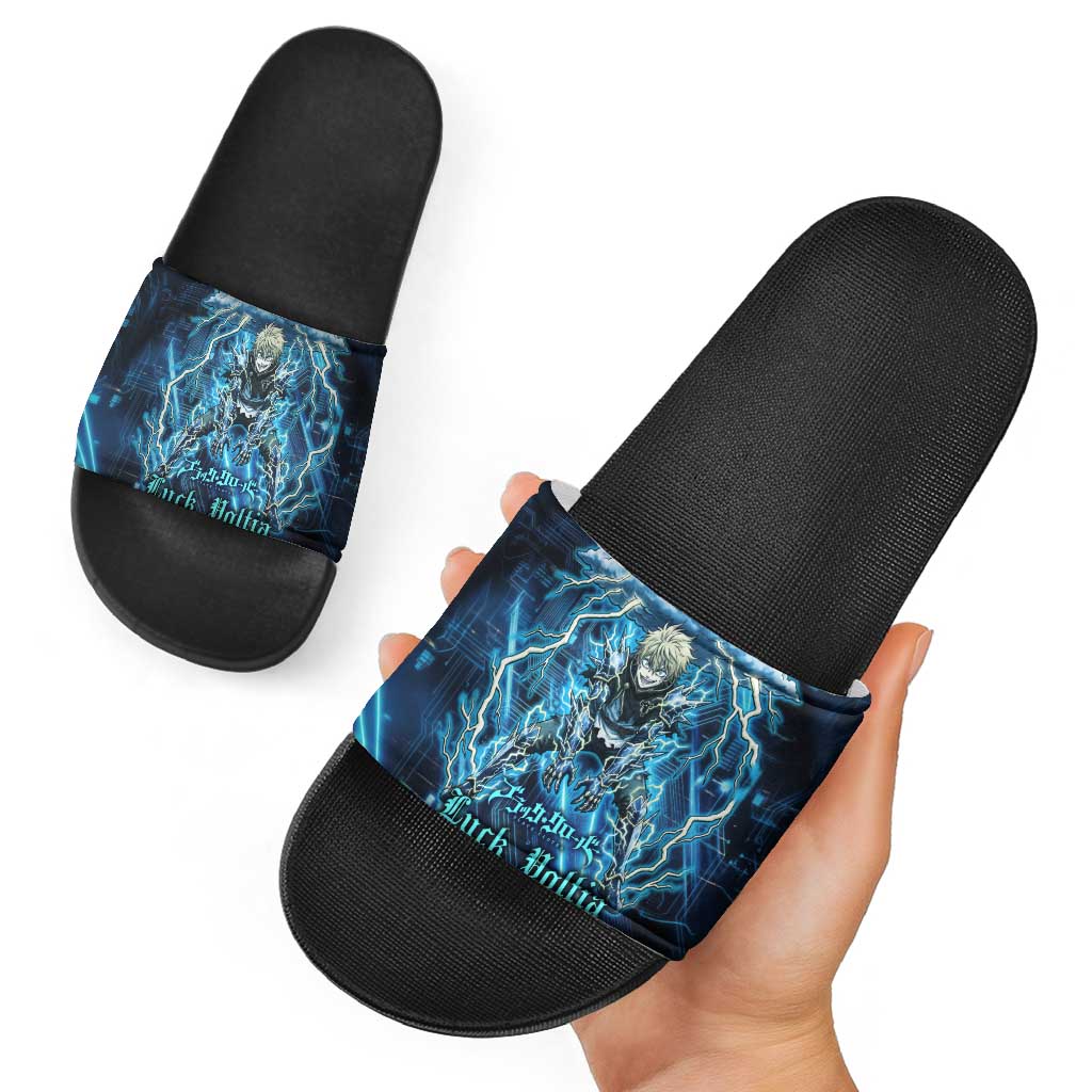 Luck Voltia Black Clover Slide Sandals Tech Lightning Anime Style with Electric Circuit Background