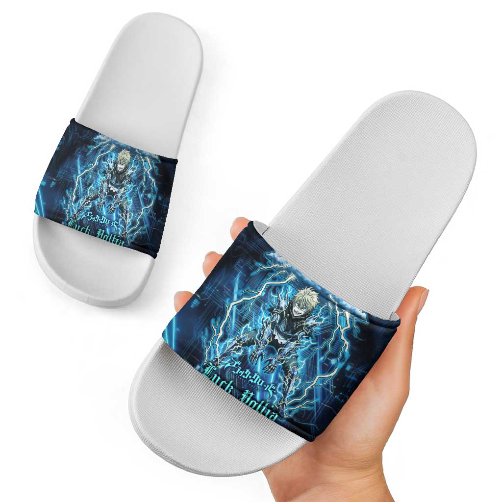 Luck Voltia Black Clover Slide Sandals Tech Lightning Anime Style with Electric Circuit Background