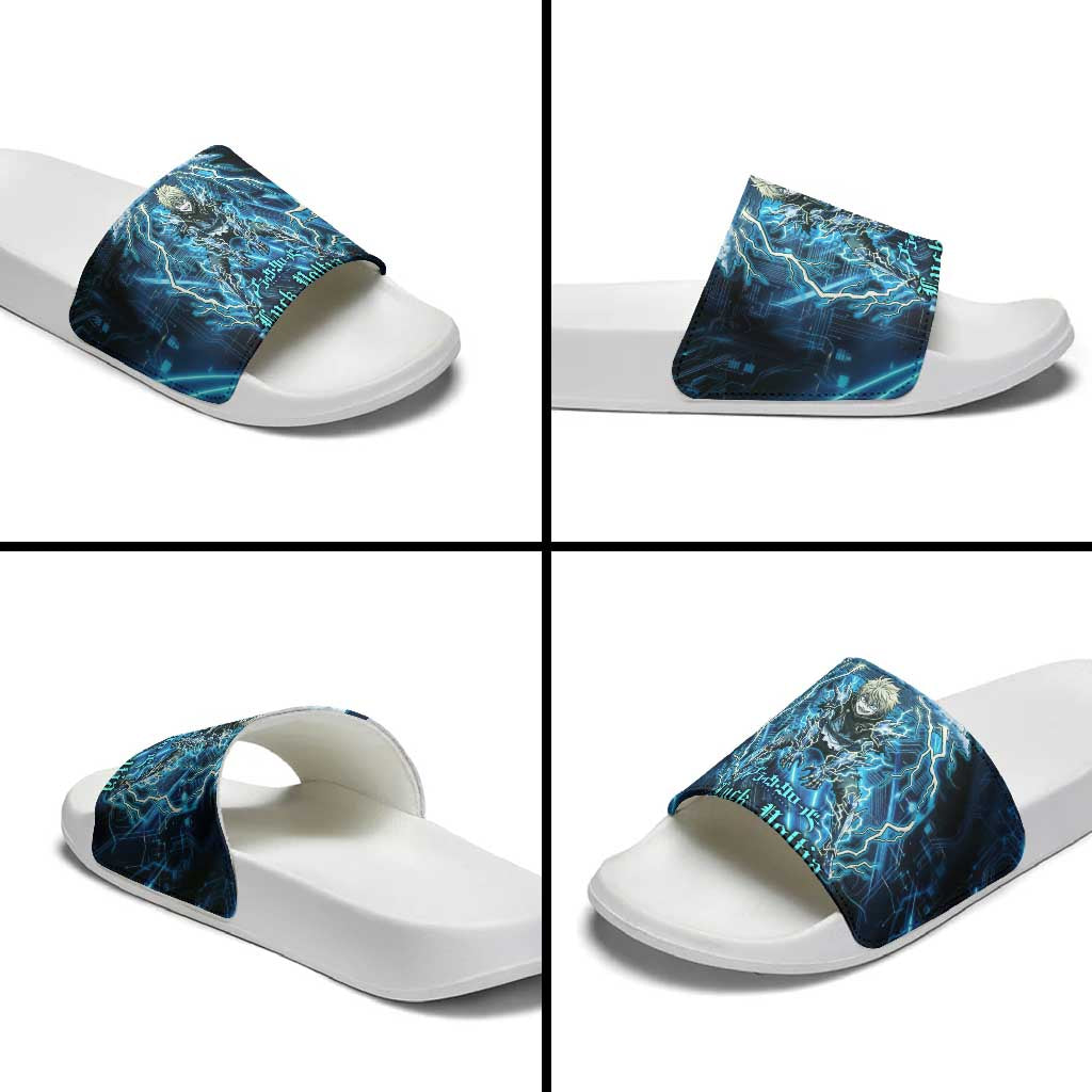 Luck Voltia Black Clover Slide Sandals Tech Lightning Anime Style with Electric Circuit Background