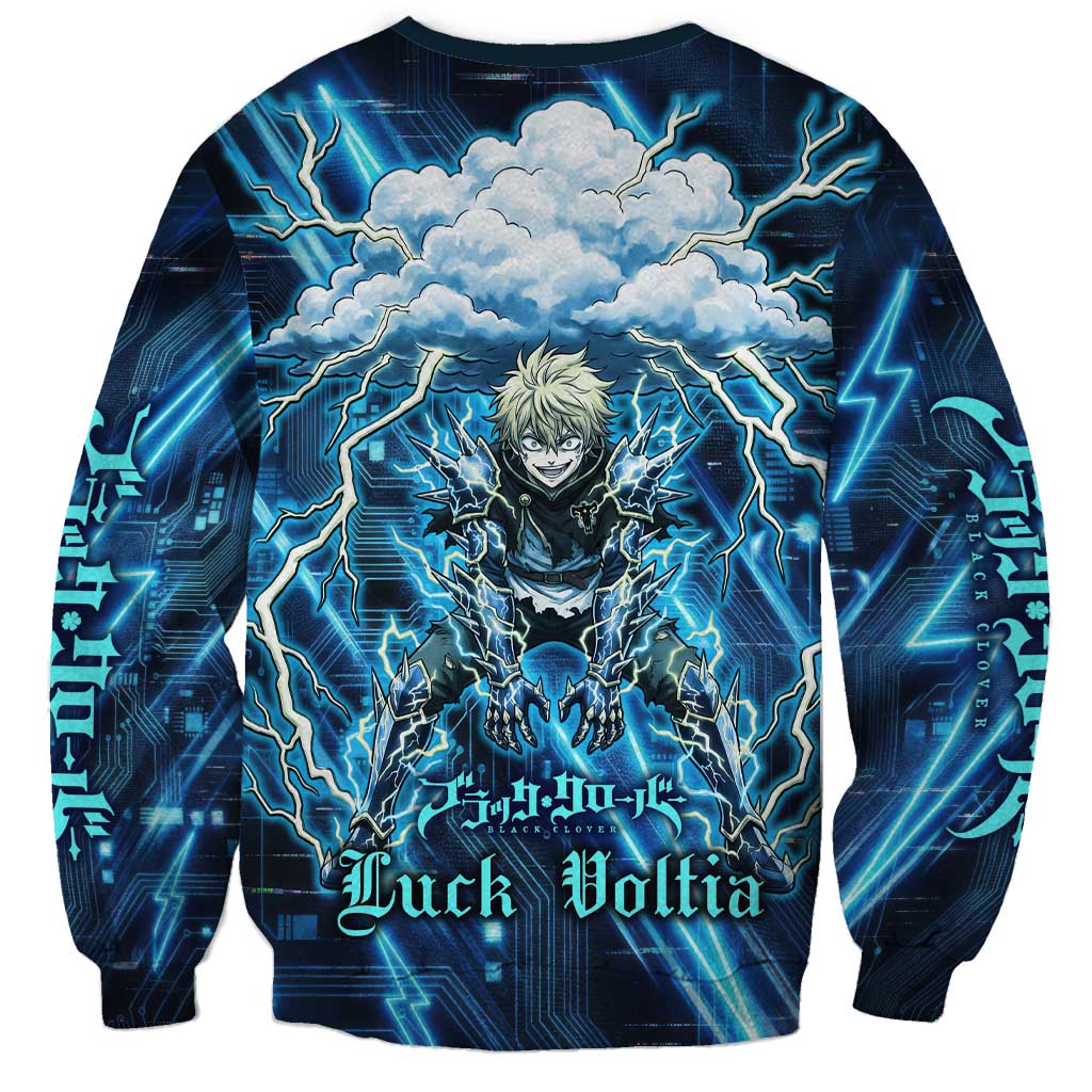 Luck Voltia Black Clover Sweatshirt Tech Lightning Anime Style with Electric Circuit Background