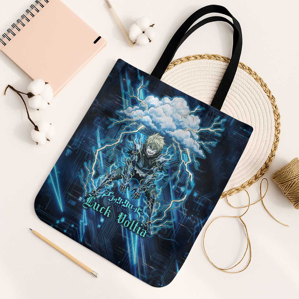 Luck Voltia Black Clover Tote Bag Tech Lightning Anime Style with Electric Circuit Background