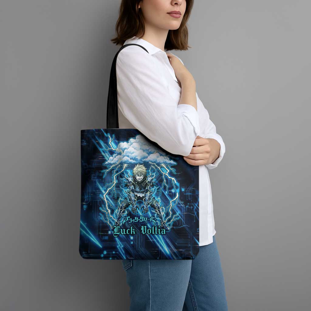 Luck Voltia Black Clover Tote Bag Tech Lightning Anime Style with Electric Circuit Background