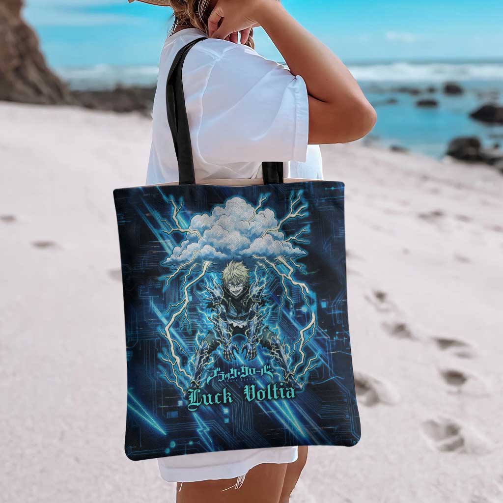 Luck Voltia Black Clover Tote Bag Tech Lightning Anime Style with Electric Circuit Background