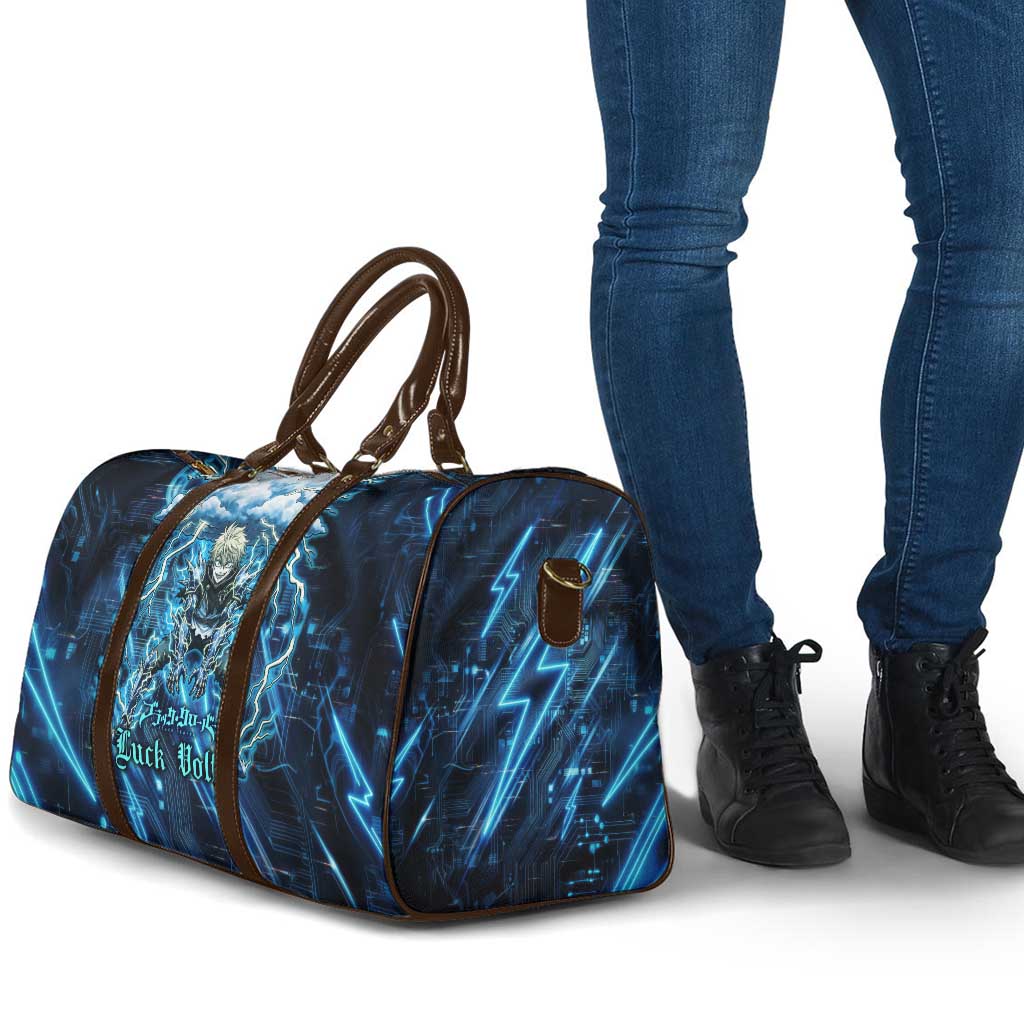 Luck Voltia Black Clover Travel Bag Tech Lightning Anime Style with Electric Circuit Background