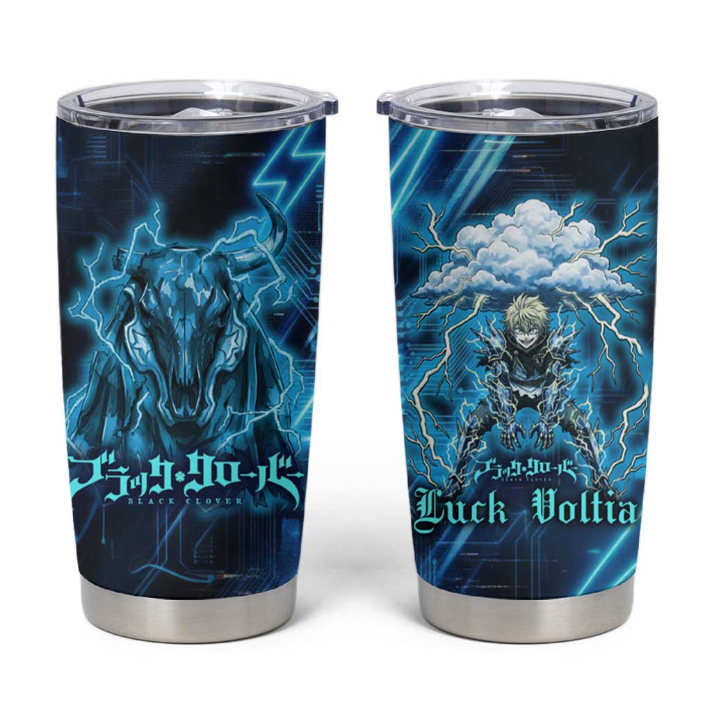Luck Voltia Black Clover Tumbler Cup Tech Lightning Anime Style with Electric Circuit Background