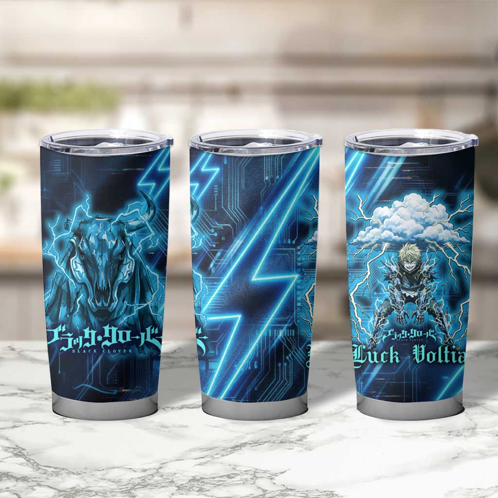 Luck Voltia Black Clover Tumbler Cup Tech Lightning Anime Style with Electric Circuit Background