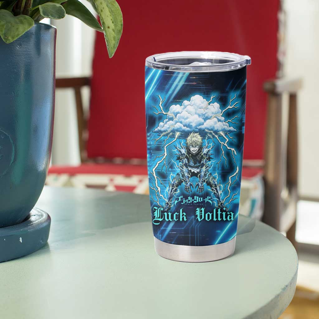 Luck Voltia Black Clover Tumbler Cup Tech Lightning Anime Style with Electric Circuit Background