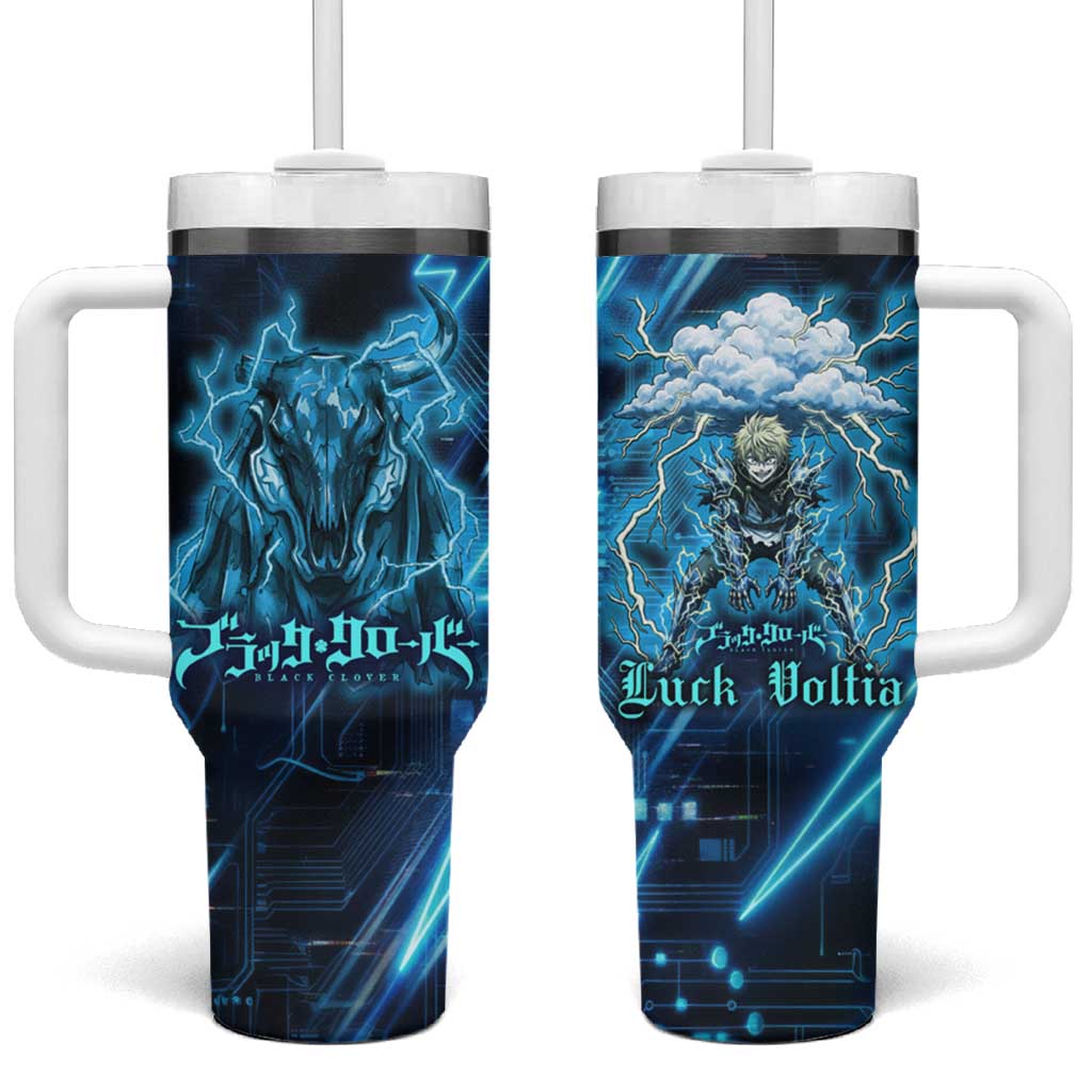 Luck Voltia Black Clover Tumbler With Handle Tech Lightning Anime Style with Electric Circuit Background