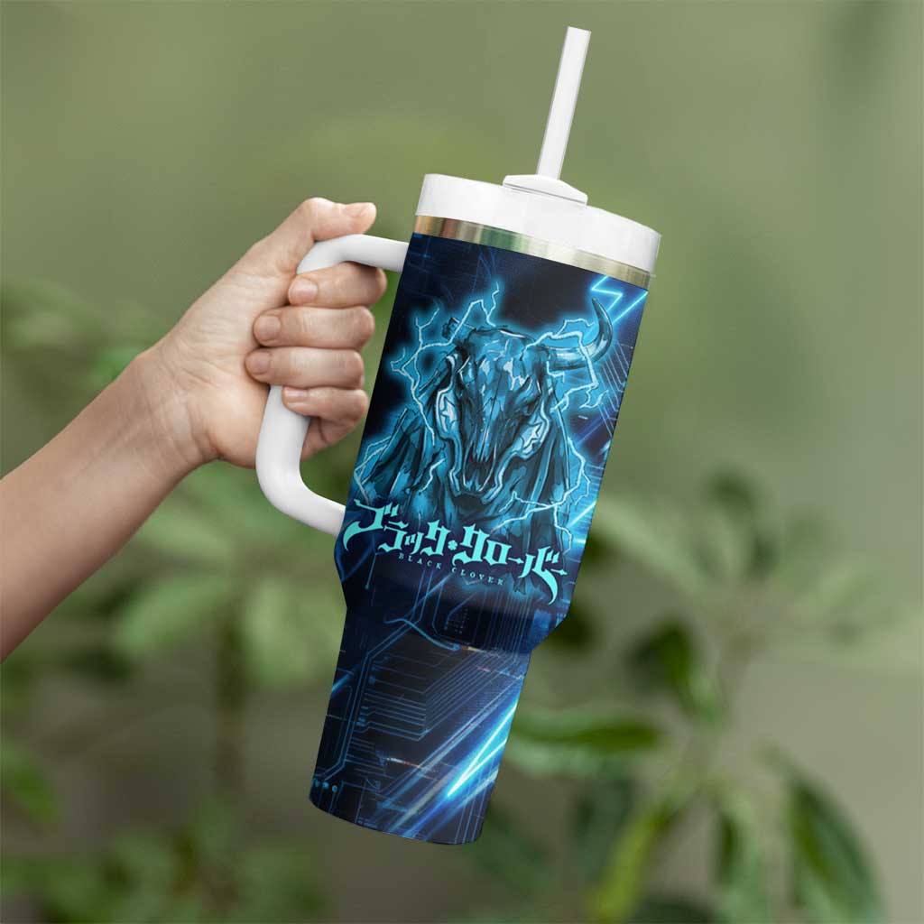 Luck Voltia Black Clover Tumbler With Handle Tech Lightning Anime Style with Electric Circuit Background