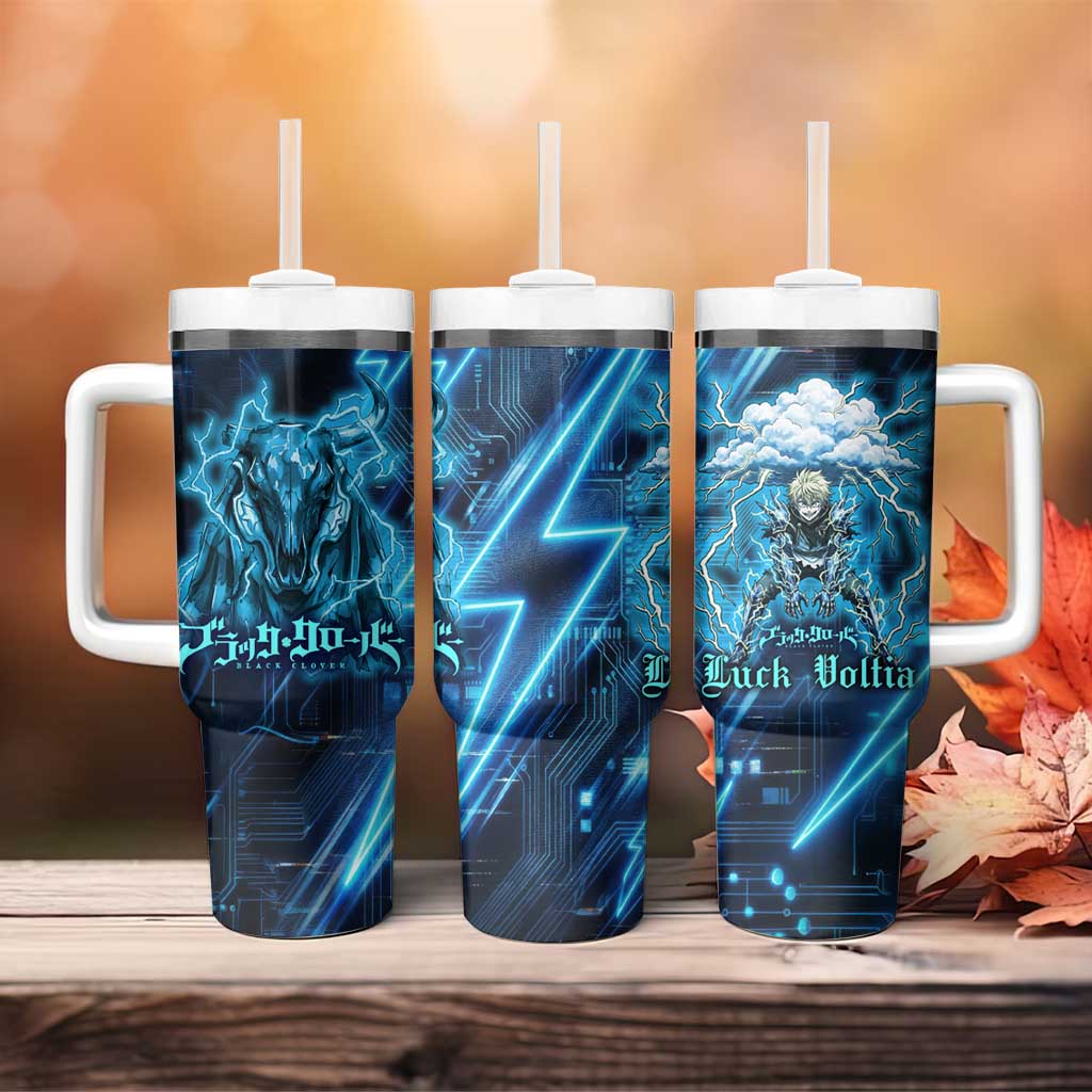 Luck Voltia Black Clover Tumbler With Handle Tech Lightning Anime Style with Electric Circuit Background