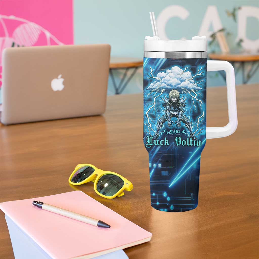 Luck Voltia Black Clover Tumbler With Handle Tech Lightning Anime Style with Electric Circuit Background