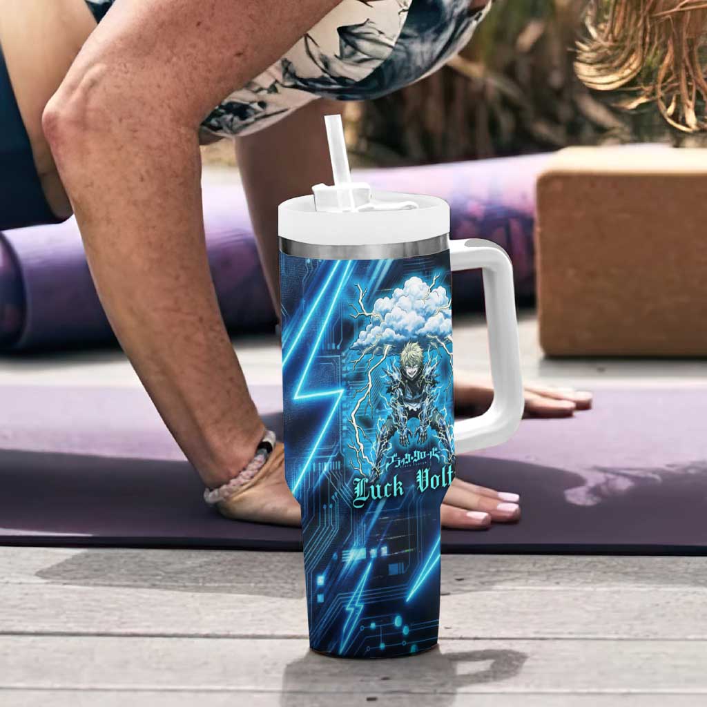 Luck Voltia Black Clover Tumbler With Handle Tech Lightning Anime Style with Electric Circuit Background