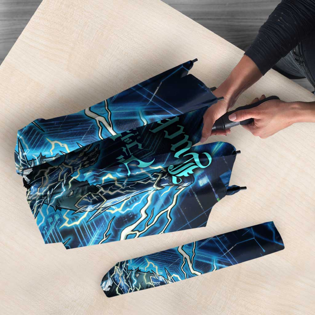 Luck Voltia Black Clover Umbrella Tech Lightning Anime Style with Electric Circuit Background