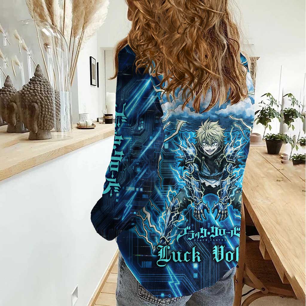 Luck Voltia Black Clover Women Casual Shirt Tech Lightning Anime Style with Electric Circuit Background