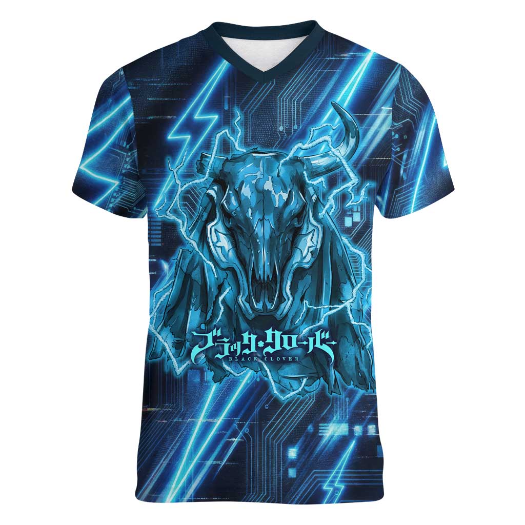 Luck Voltia Black Clover Women V-Neck T-Shirt Tech Lightning Anime Style with Electric Circuit Background
