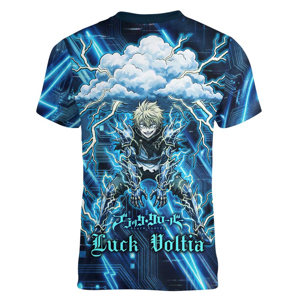 Luck Voltia Black Clover Women V-Neck T-Shirt Tech Lightning Anime Style with Electric Circuit Background