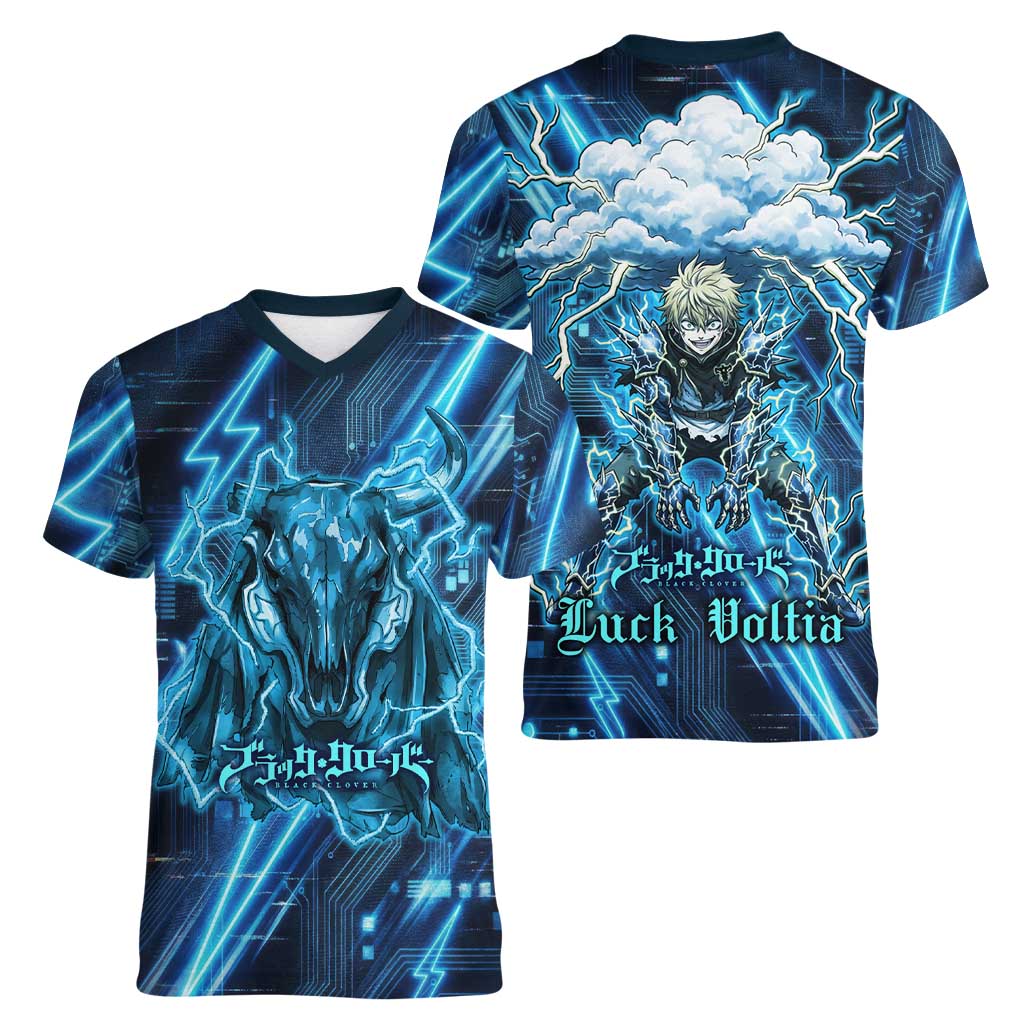 Luck Voltia Black Clover Women V-Neck T-Shirt Tech Lightning Anime Style with Electric Circuit Background