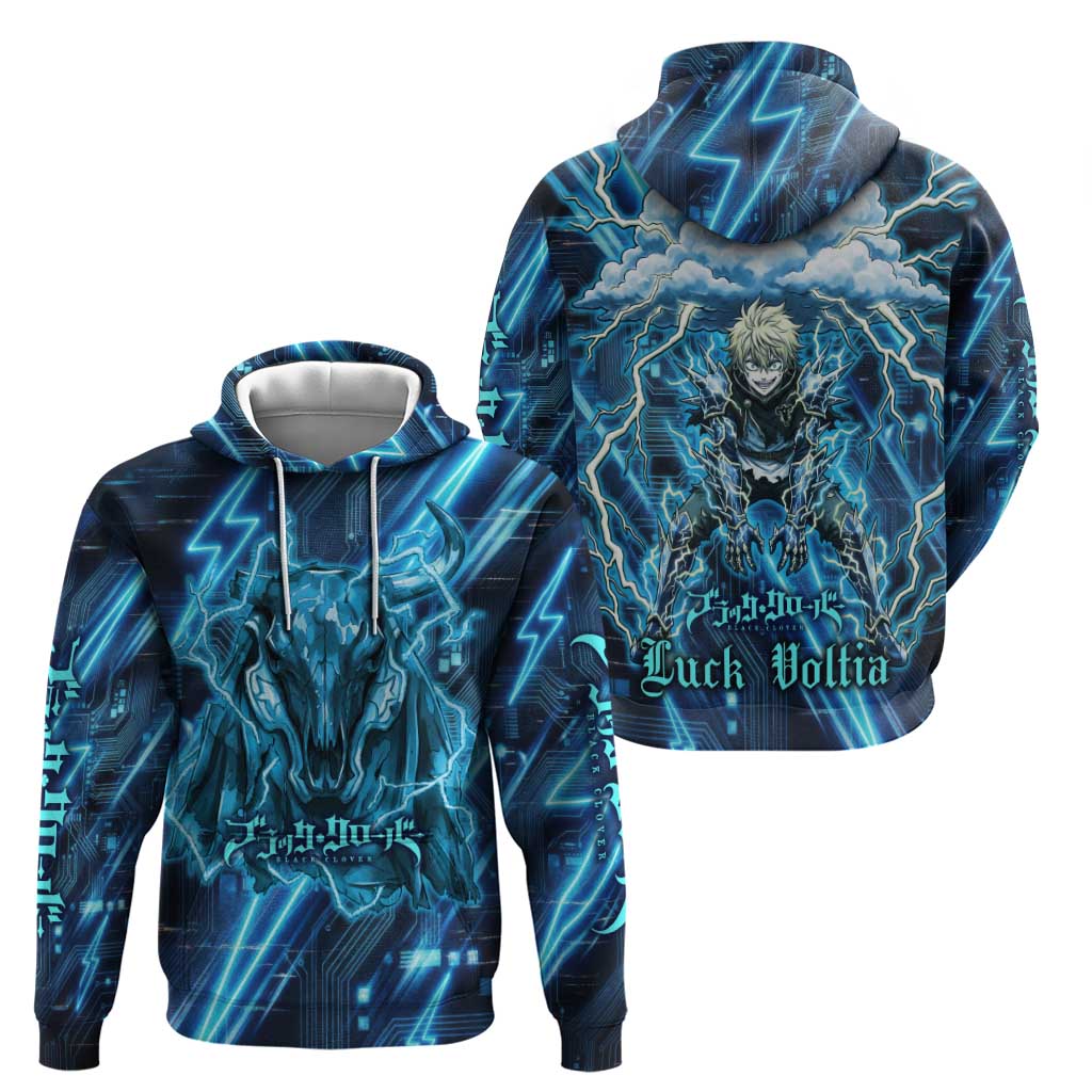 Luck Voltia Black Clover Zip Hoodie Tech Lightning Anime Style with Electric Circuit Background