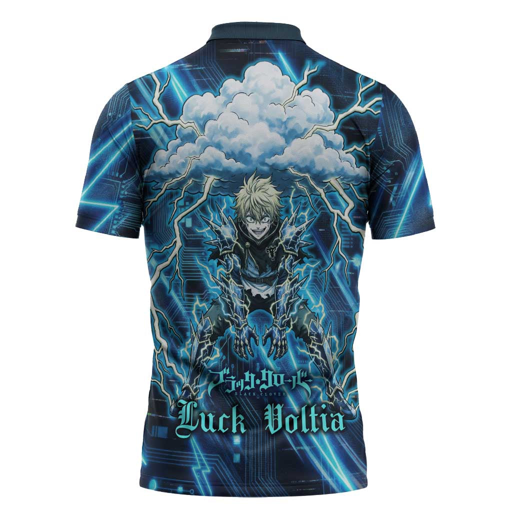 Luck Voltia Black Clover Zipper Polo Shirt Tech Lightning Anime Style with Electric Circuit Background