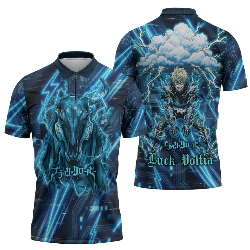 Luck Voltia Black Clover Zipper Polo Shirt Tech Lightning Anime Style with Electric Circuit Background