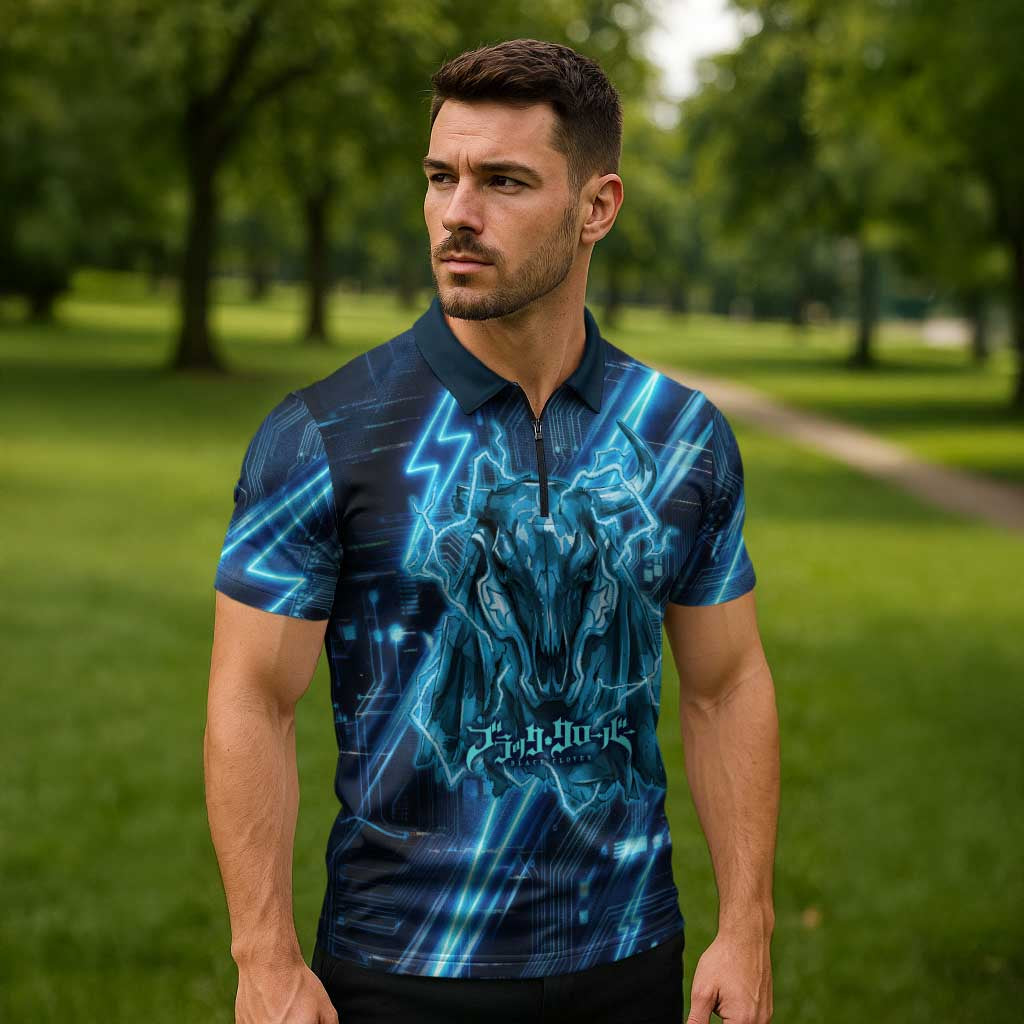 Luck Voltia Black Clover Zipper Polo Shirt Tech Lightning Anime Style with Electric Circuit Background