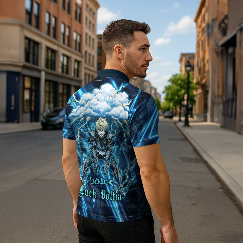 Luck Voltia Black Clover Zipper Polo Shirt Tech Lightning Anime Style with Electric Circuit Background