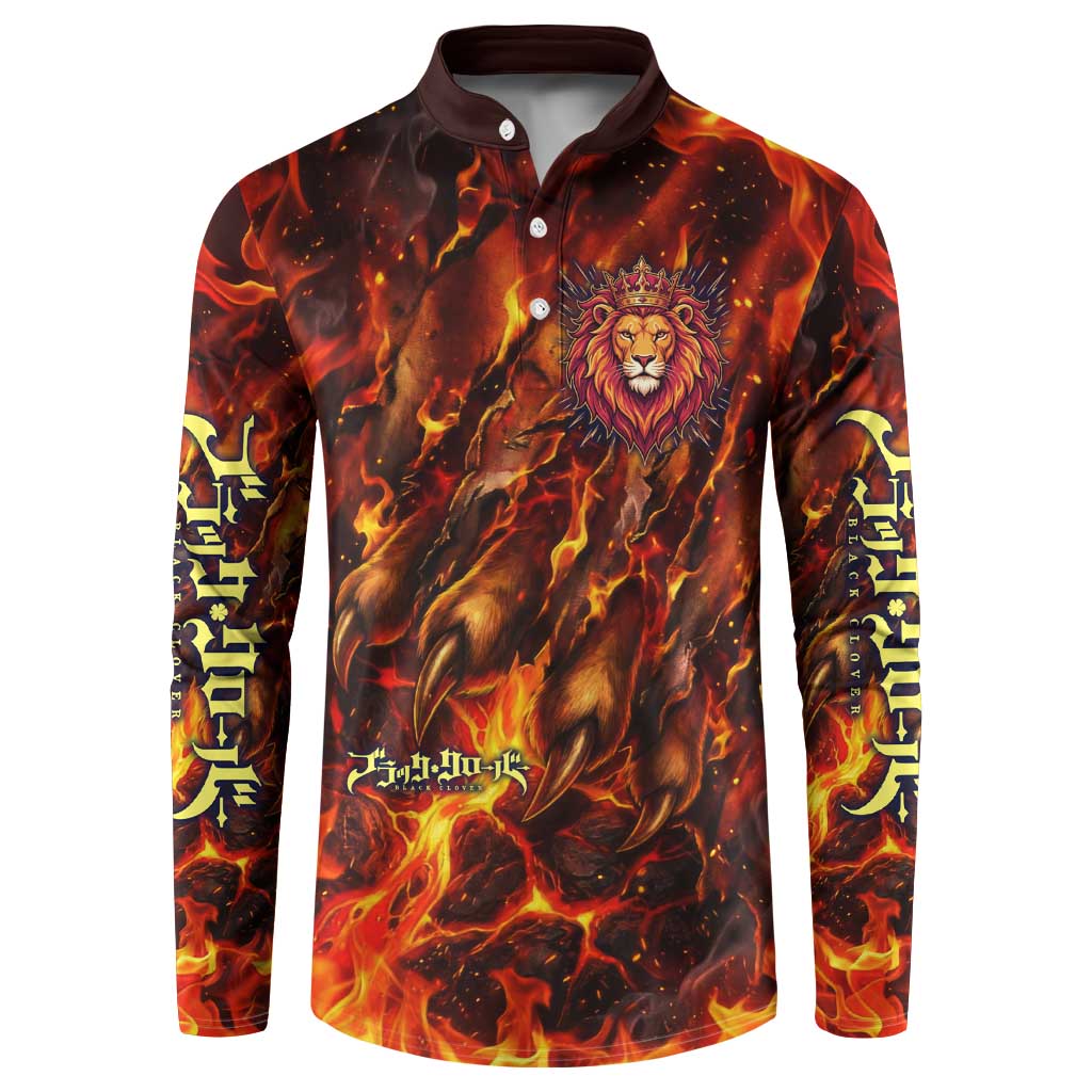 Mereoleona Vermillion Black Clover Button Sweatshirt Inferno Flame Anime Style with Lion Symbolism
