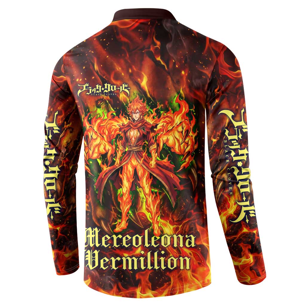 Mereoleona Vermillion Black Clover Button Sweatshirt Inferno Flame Anime Style with Lion Symbolism