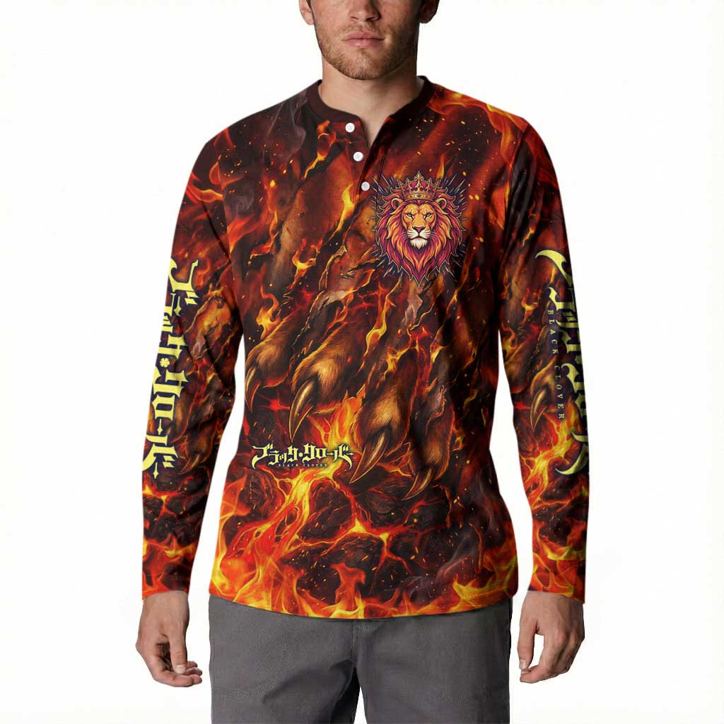 Mereoleona Vermillion Black Clover Button Sweatshirt Inferno Flame Anime Style with Lion Symbolism