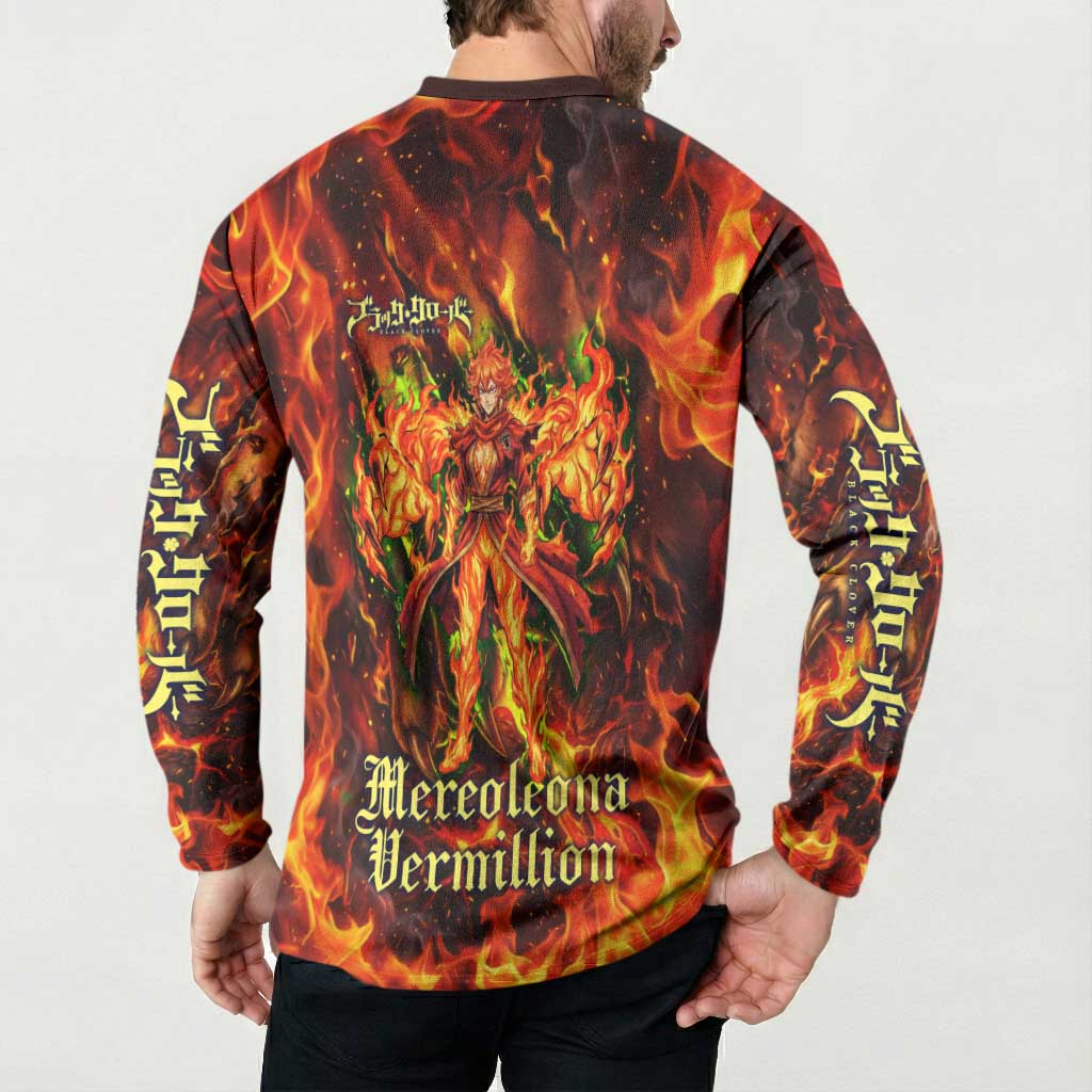 Mereoleona Vermillion Black Clover Button Sweatshirt Inferno Flame Anime Style with Lion Symbolism