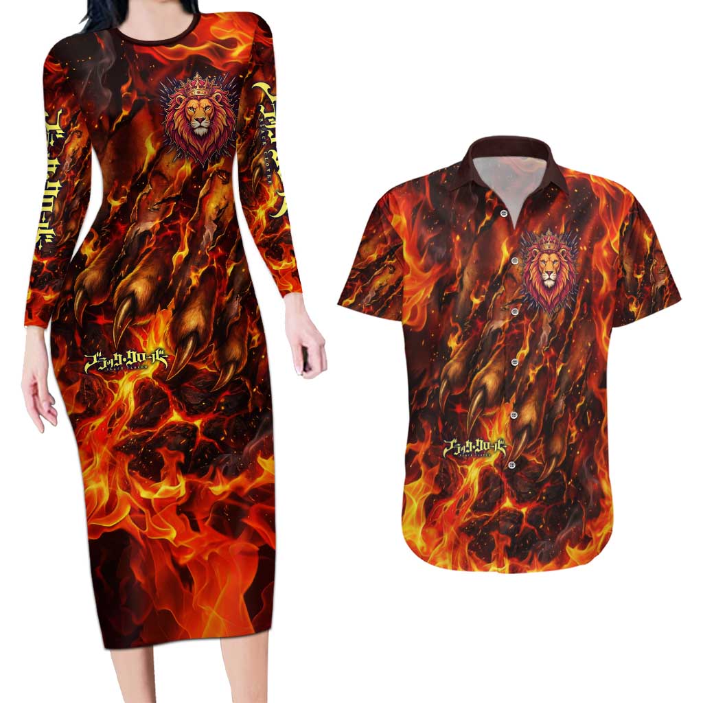 Mereoleona Vermillion Black Clover Couples Matching Long Sleeve Bodycon Dress and Hawaiian Shirt Inferno Flame Anime Style with Lion Symbolism