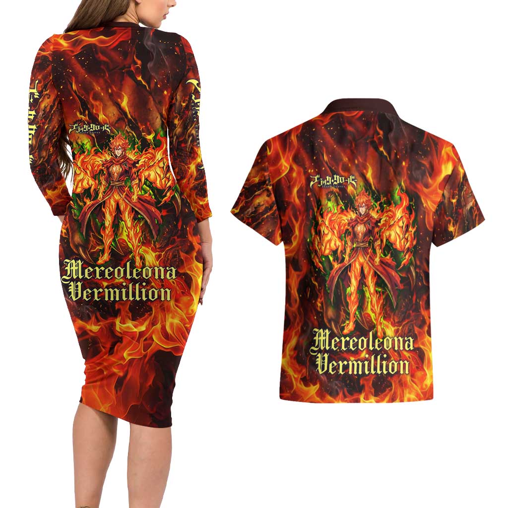Mereoleona Vermillion Black Clover Couples Matching Long Sleeve Bodycon Dress and Hawaiian Shirt Inferno Flame Anime Style with Lion Symbolism