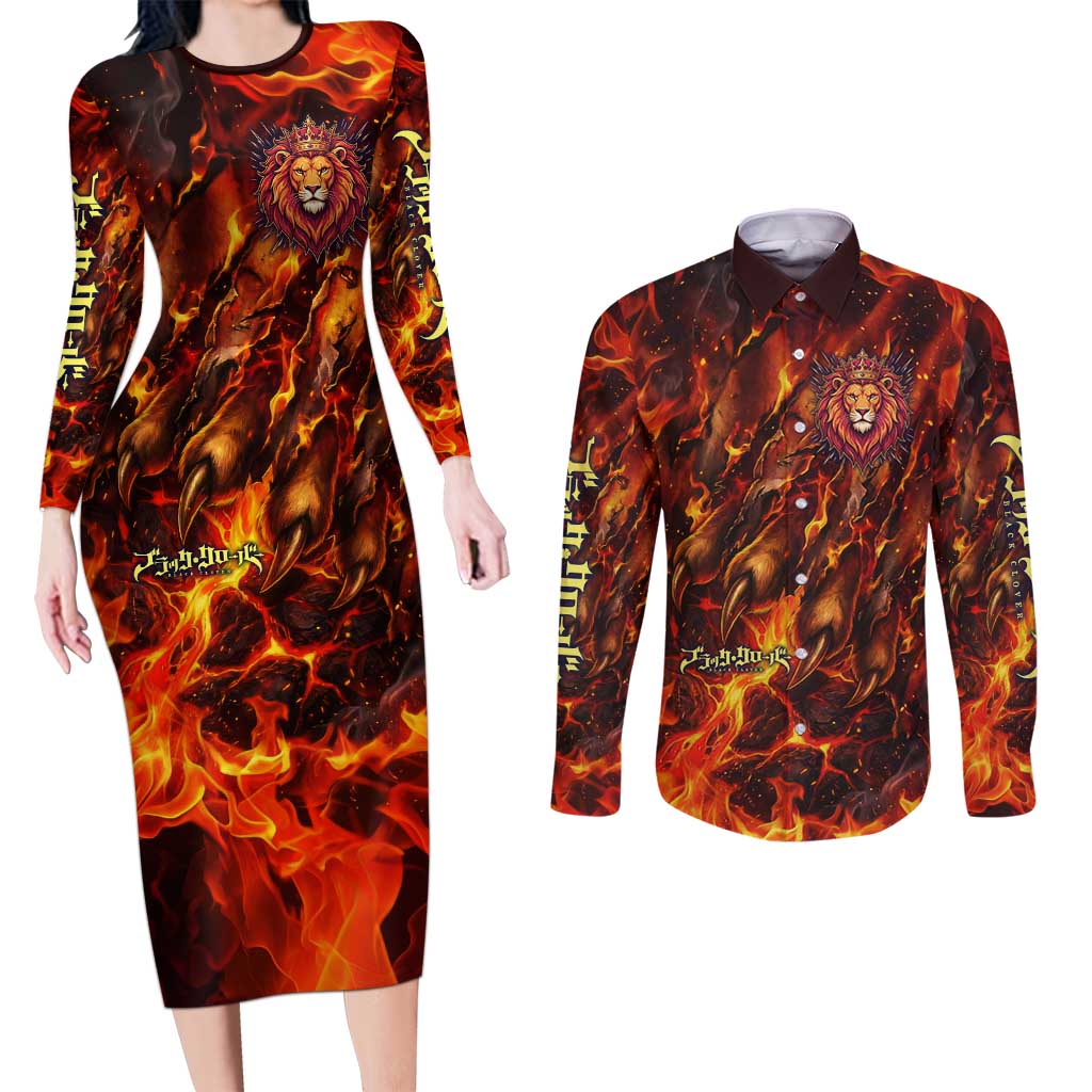Mereoleona Vermillion Black Clover Couples Matching Long Sleeve Bodycon Dress and Long Sleeve Button Shirt Inferno Flame Anime Style with Lion Symbolism