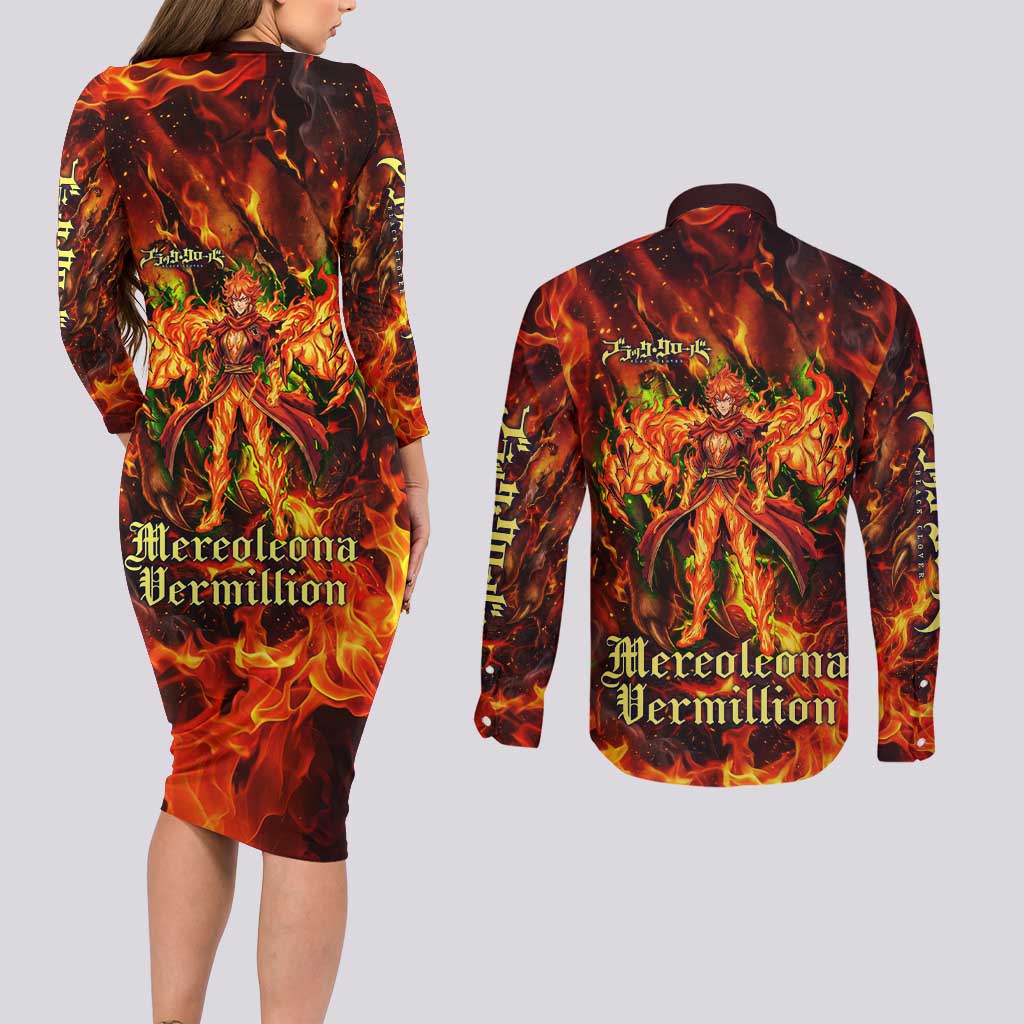 Mereoleona Vermillion Black Clover Couples Matching Long Sleeve Bodycon Dress and Long Sleeve Button Shirt Inferno Flame Anime Style with Lion Symbolism
