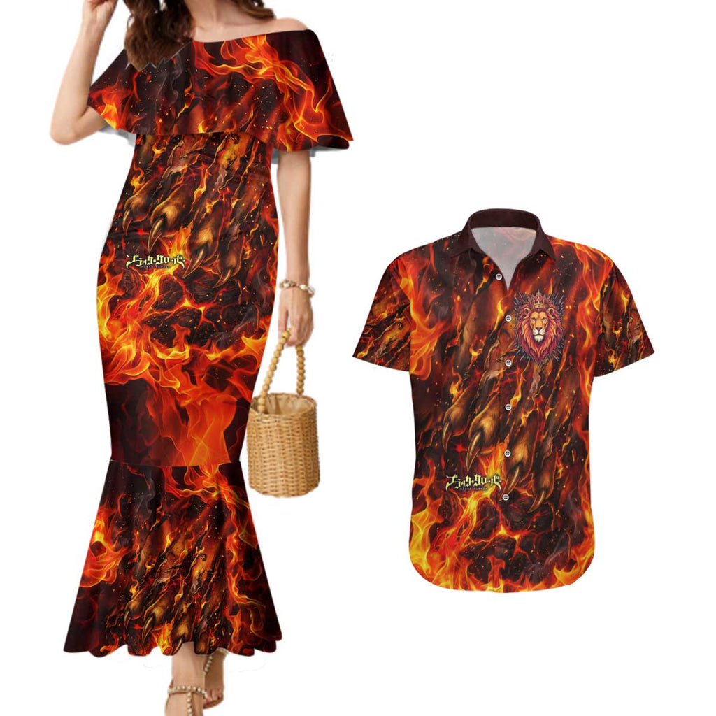 Mereoleona Vermillion Black Clover Couples Matching Mermaid Dress and Hawaiian Shirt Inferno Flame Anime Style with Lion Symbolism