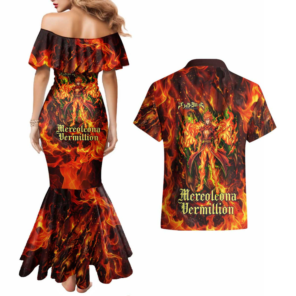Mereoleona Vermillion Black Clover Couples Matching Mermaid Dress and Hawaiian Shirt Inferno Flame Anime Style with Lion Symbolism