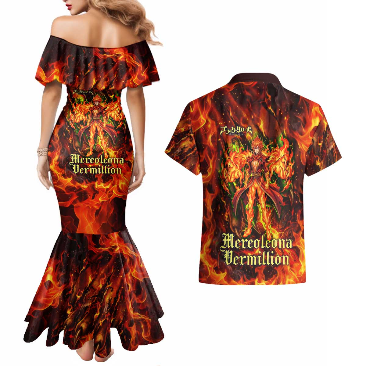 Mereoleona Vermillion Black Clover Couples Matching Mermaid Dress and Hawaiian Shirt Inferno Flame Anime Style with Lion Symbolism