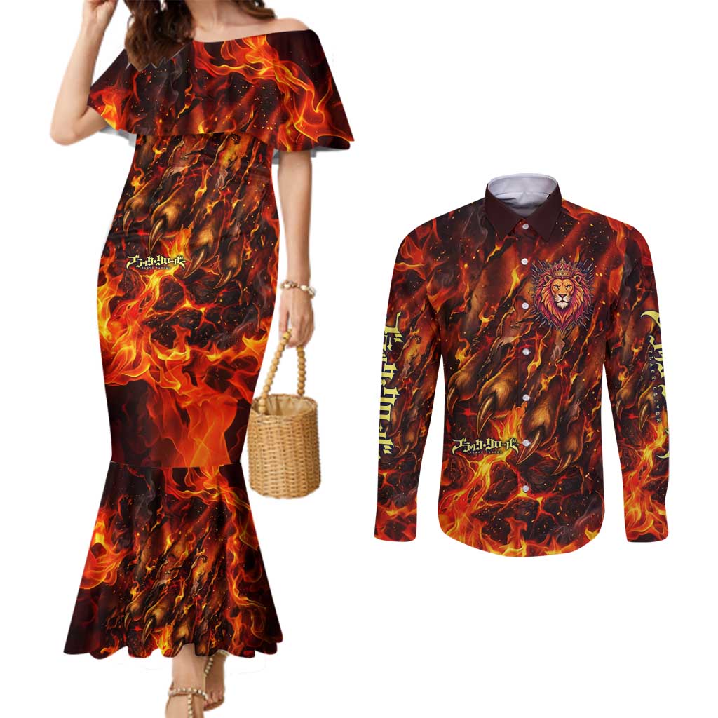 Mereoleona Vermillion Black Clover Couples Matching Mermaid Dress and Long Sleeve Button Shirt Inferno Flame Anime Style with Lion Symbolism
