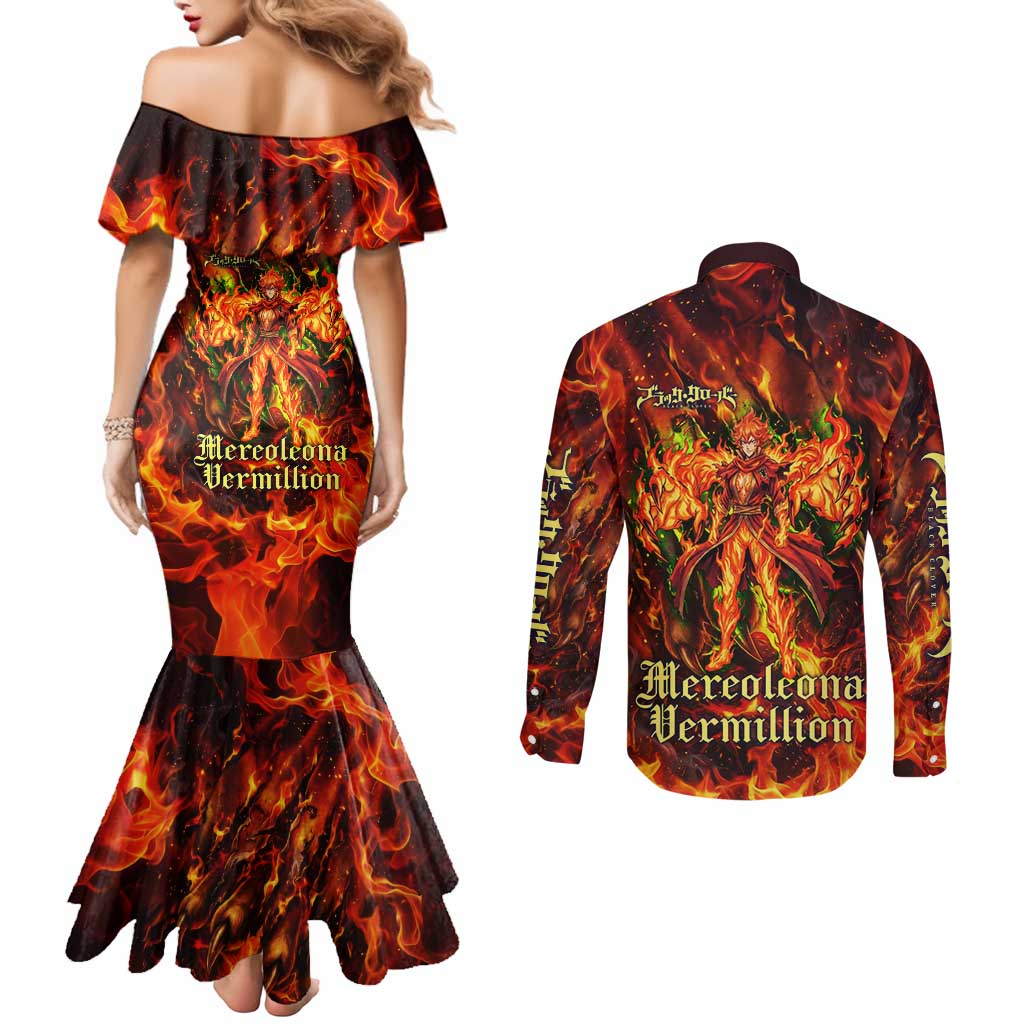 Mereoleona Vermillion Black Clover Couples Matching Mermaid Dress and Long Sleeve Button Shirt Inferno Flame Anime Style with Lion Symbolism