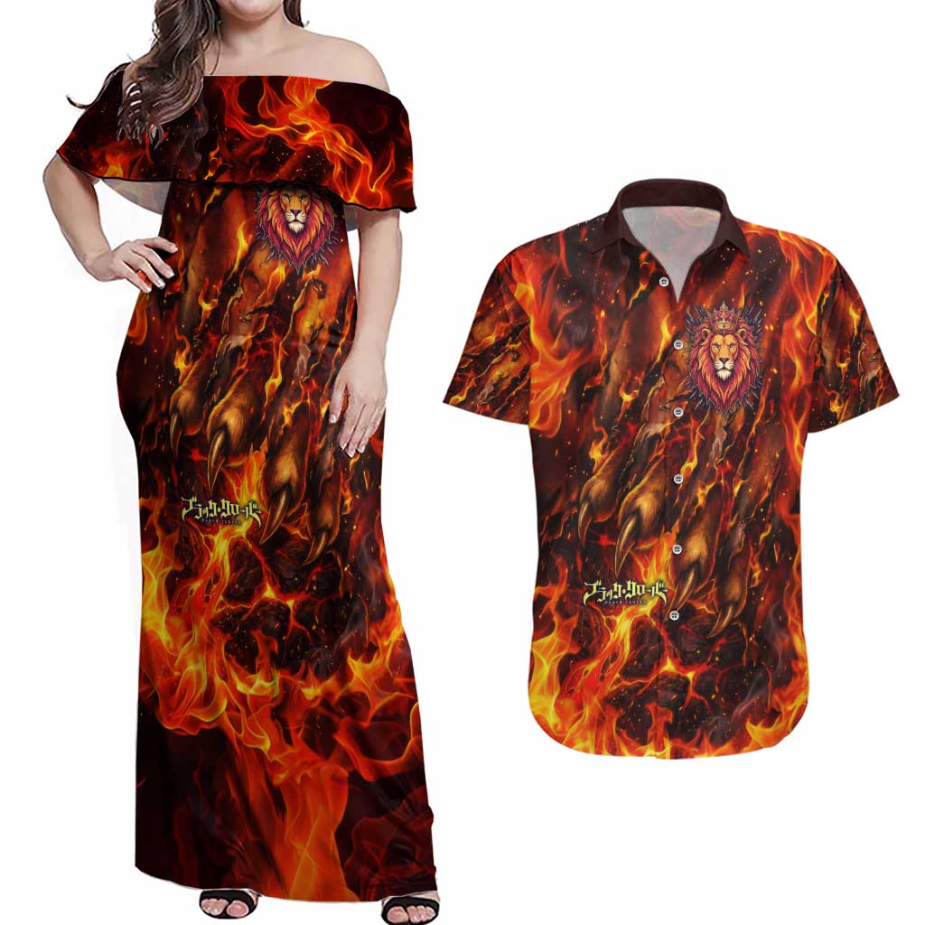 Mereoleona Vermillion Black Clover Couples Matching Off Shoulder Maxi Dress and Hawaiian Shirt Inferno Flame Anime Style with Lion Symbolism
